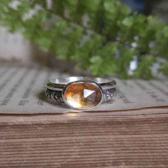 Citrine Ring | Size 8 | Sterling Silver | Artisan Handcrafted Jewelry |  Genuine Gemstone Ring | Floral Band Pattern |