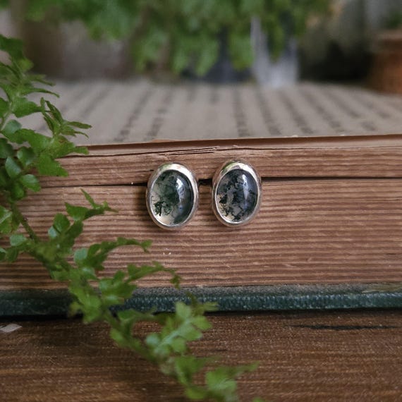 Moss Agate Stud Post Earrings | Sterling Silver | Fantasy Jewelry | Artisan Handcrafted |