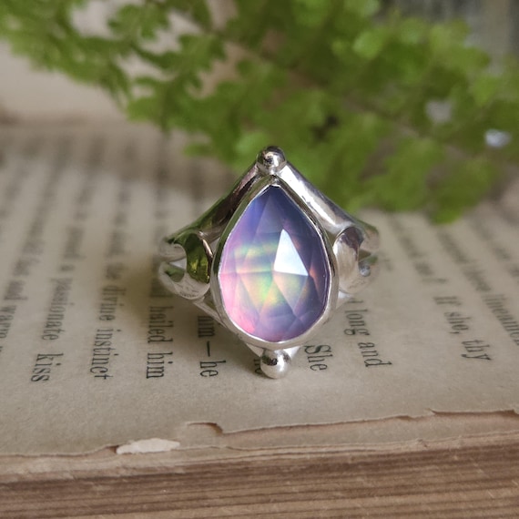 Pink Aurora Opal Ring | Size 8.5 | Triple Moon Ring | Sterling Silver | Magick Ring | Artisan Hand Crafted Jewelry | Gemstone Ring |