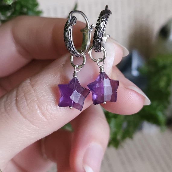 Amethyst Star Charm Hoop Earrings | Sterling Silver | Fantasy Jewelry | Artisan Handcrafted |