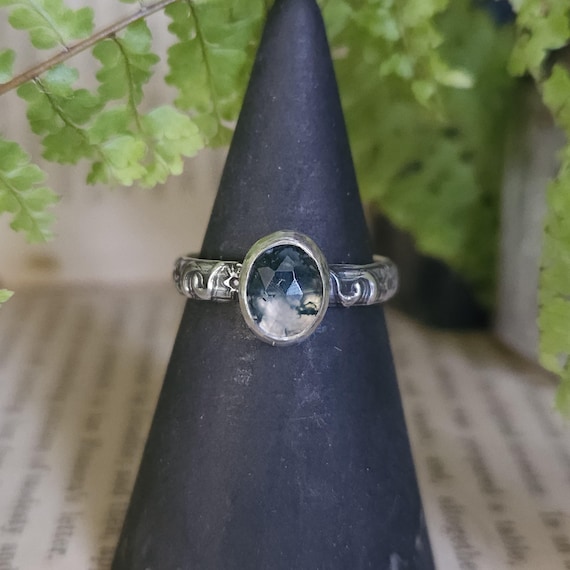 Moss Agate Stacker Ring | Size 6 | Sterling Silver | Artisan Handcrafted Jewelry | Fantasy Jewelry | Natural Gemstone Ring |