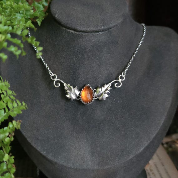 Hessonite Garnet Leaf Pendant | Sterling Silver | Autumnal Necklace | Artisan Handcrafted | Fantasy Jewelry |