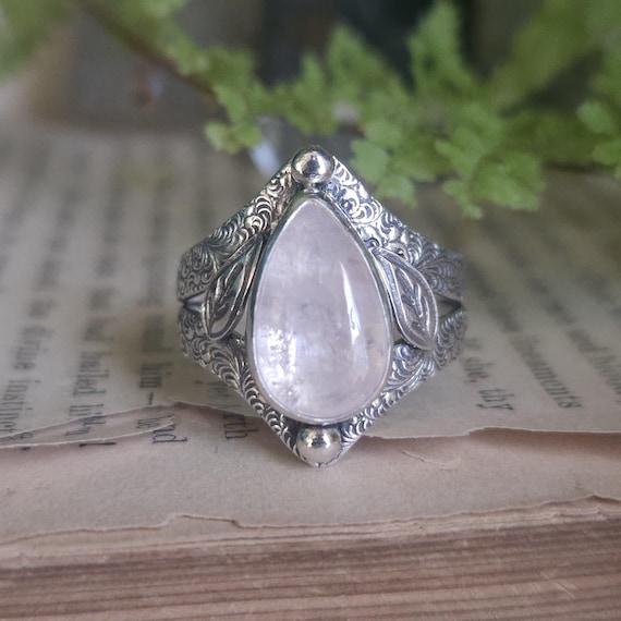 Morganite Leaf Ring | Size 7.5 | Sterling Silver | Artisan-Handcrafted | Fantasy Jewelry