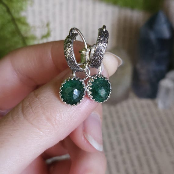 Green Aventurine Charm Hoop Earrings | Sterling Silver | Fantasy Jewelry | Artisan Handcrafted |