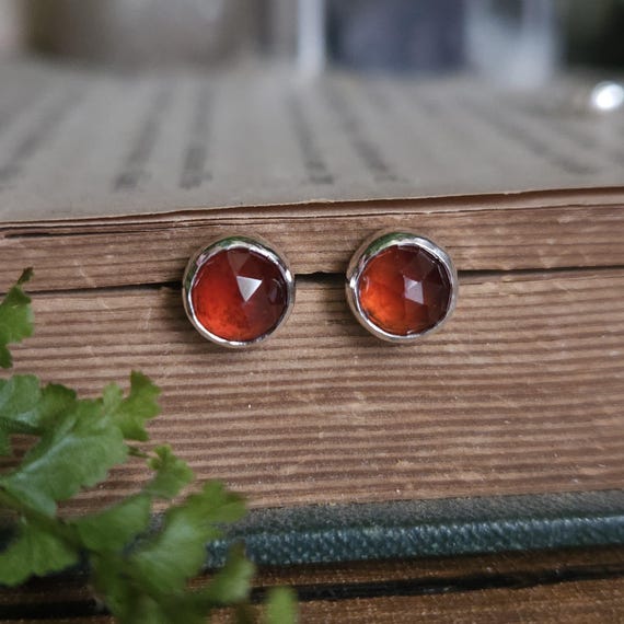 Hessonite Garnet Stud Post Earrings | Sterling Silver | Fantasy Jewelry | Artisan Handcrafted |