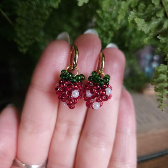 Seed Bead Strawberry Hoop Earrings | Gold Plated Stainless Steel | Artisan Handcrafted |
