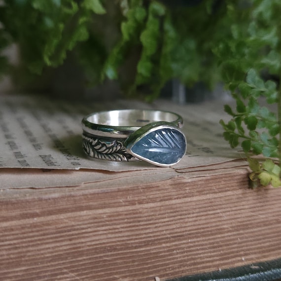 Blue Tourmaline Leaf Ring | Size 8-8.25 | Artisan Handmade Jewelry | Sterling Silver |