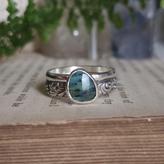 Blue Peruvian Opal Ring | Size 7.5 | Sterling Silver | Artisan Handcrafted | Fantasy Jewelry |