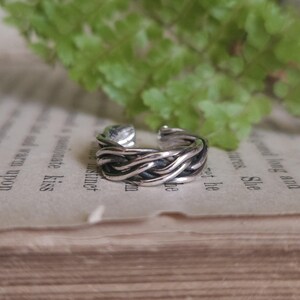 May include: A silver-toned ring with a woven design. The ring is open at the top and features a textured, braided pattern. The ring is set against a backdrop of an open book and green foliage.