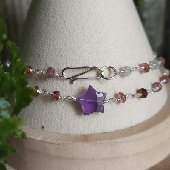 Beaded Star Necklace | Multi Tourmaline and Amethyst | Sterling Silver | Artisan Handcrafted | Fantasy Jewelry |