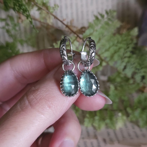 Teal Kyanite Charm Hoop Earrings | Sterling Silver | Fantasy Jewelry | Artisan Handcrafted |