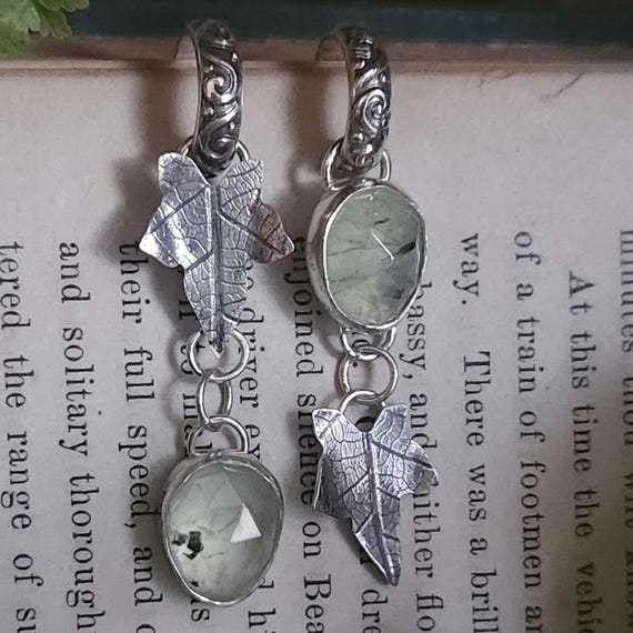 Prehnite Ivy Leaf Half Hoop Earrings | Sterling Silver | Fantasy Jewelry | Artisan Hand-Crafted Jewelry | Alternative Jewelry |