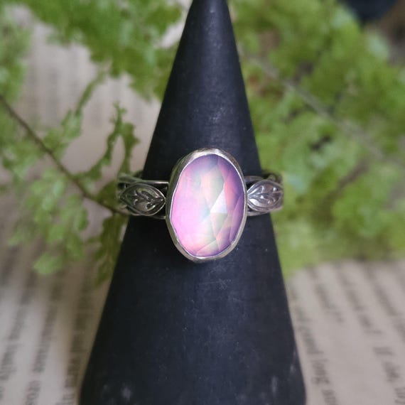 Pink Aurora Opal Ring | Size 6.5 | Leaf Ring | Sterling Silver | Braided Band | Artisan Hand Crafted Jewelry | Gemstone Ring |
