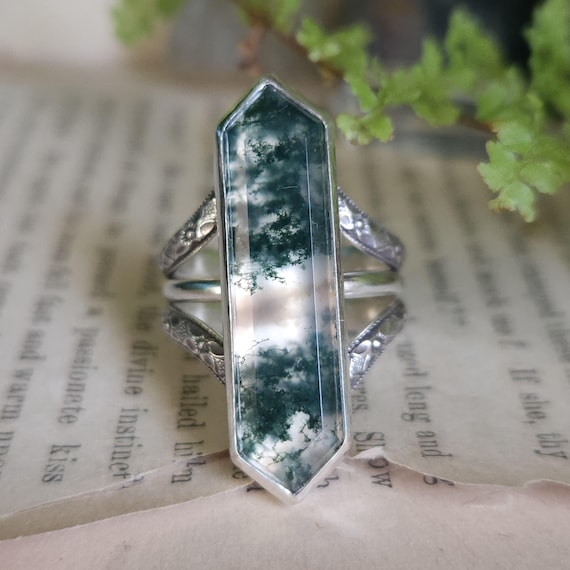 Moss Agate Forest Ring | Fits Size 7.25 | Sterling Silver | Artisan Handcrafted | Fantasy Jewelry |