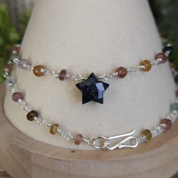Beaded Star Necklace | Multi Tourmaline and Blue Goldstone | Sterling Silver | Artisan Handcrafted | Fantasy Jewelry |