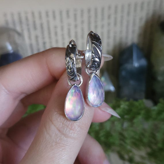 Aurora Opal Charm Hoop Earrings | Sterling Silver | Fantasy Jewelry | Artisan Handcrafted |