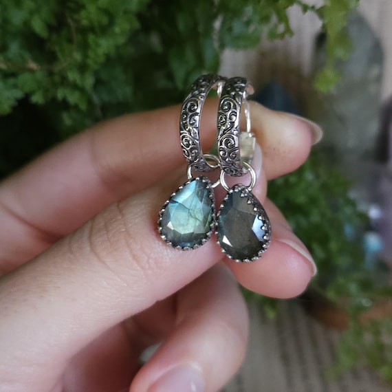 Labradorite Charm Hoop Earrings | Sterling Silver | Fantasy Jewelry | Artisan Handcrafted |