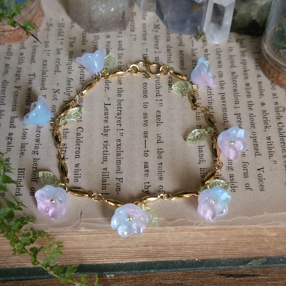 Pink and Blue Flower Fairy Bracelet | Lily of the Valley | Bell flower Beads