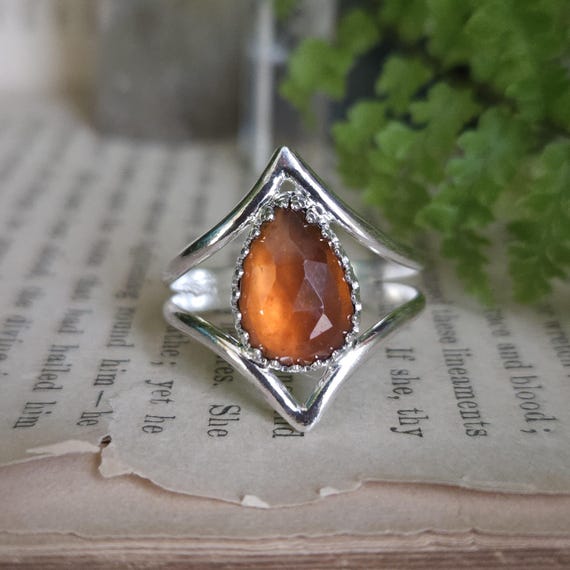 Hessonite Garnet Ring | Made-to-size | Sterling Silver | Split Chevron Band | Artisan Hand Crafted Jewelry |