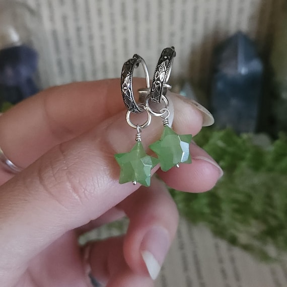 Green Dyed Jade Star Charm Hoop Earrings | Sterling Silver | Fantasy Jewelry | Artisan Handcrafted |