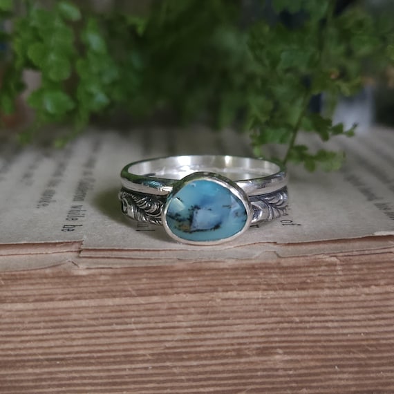 Blue Peruvian Opal Ring | Size 10.25 | Sterling Silver | Artisan Handcrafted | Fantasy Jewelry |
