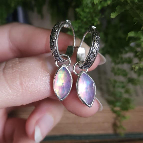 Pink Aurora Opal Charm Hoop Earrings | Sterling Silver | Fantasy Jewelry | Artisan Handcrafted |