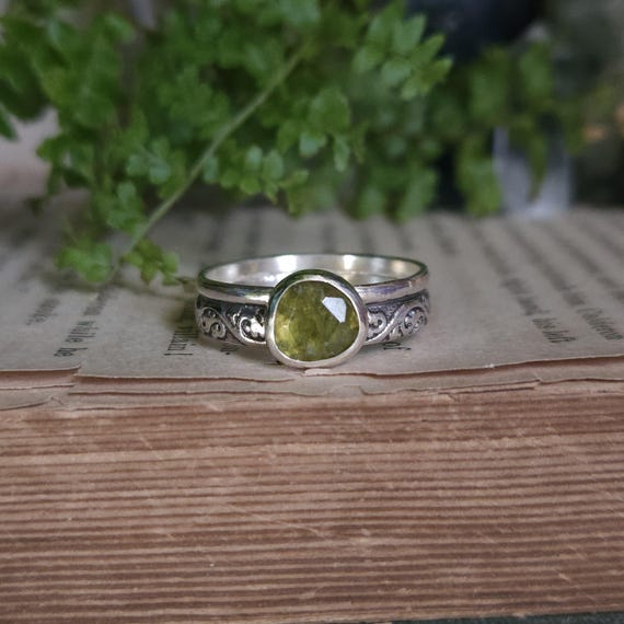 Vesuvianite Ring | Size 9 | Sterling Silver | Artisan Handcrafted | Fantasy Jewelry |