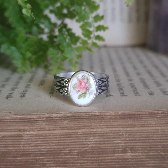 Rose Ring | Size 6 | Vintage Glass Cabochon | Sterling Silver | Artisan Handmade Jewelry | Women's Jewelry |
