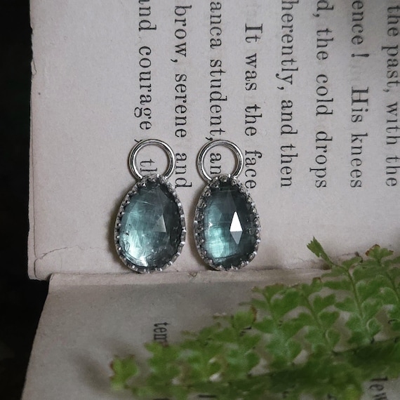 Teal Kyanite Charm Hoop Earrings | Sterling Silver | Fantasy Jewelry | Artisan Handcrafted |