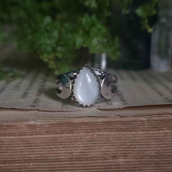 White Moonstone Ring | Size 8.5 | Triple Moon | Sterling Silver | Fantasy Jewelry | Artisan Handmade |