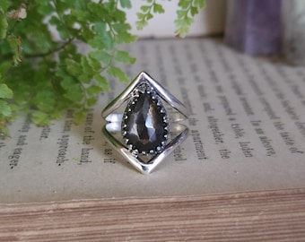 Black Moonstone Ring | Made-to-size | Sterling Silver | Split Chevron Band | Artisan Hand Crafted Jewelry |