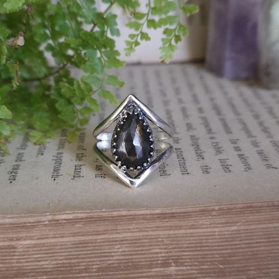 Black Moonstone Ring | Made-to-size | Sterling Silver | Split Chevron Band | Artisan Hand Crafted Jewelry |