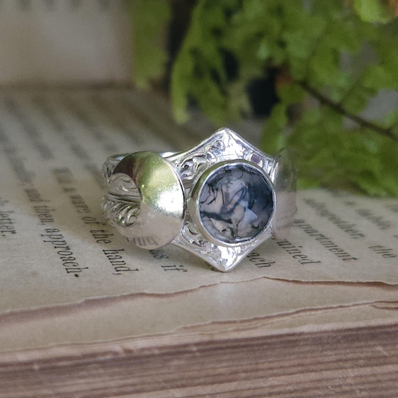 Moss Agate Triple Moon Ring | Size 6.75 | Sterling Silver | Natural Gemstone Ring | Artisan Handcrafted Ring | Fantasy Jewelry |