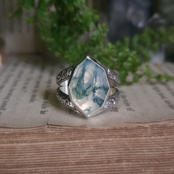 Moss Agate Ring | Size 9.25 | Sterling Silver | Artisan Handcrafted | Fantasy Jewelry |
