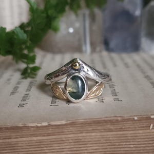 Moss Agate Ring | Size 9 | Sterling Silver | Brass | Artisan Handcrafted | Fantasy Jewelry |