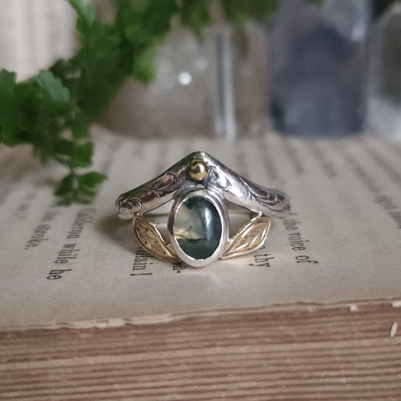 Moss Agate Ring | Size 9 | Sterling Silver | Brass | Artisan Handcrafted | Fantasy Jewelry |