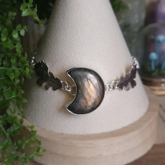 Labradorite Moon and Oak Leaf Bracelet | Sterling Silver | Artisan Hand-Crafted | Fantasy Jewelry