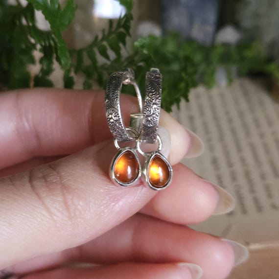 Spessartine Garnet Charm Hoop Earrings | Sterling Silver | Fantasy Jewelry | Artisan Handcrafted |