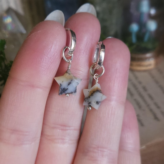 Dendritic Opal Star Charm Hoop Earrings | Sterling Silver | Fantasy Jewelry | Artisan Handcrafted |