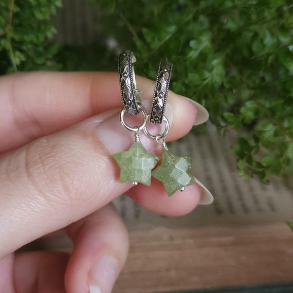 Vesuvianite Star Charm Hoop Earrings | Sterling Silver | Fantasy Jewelry | Artisan Handcrafted |