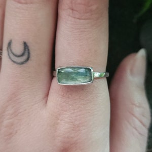 Rectangle Mint Kyanite Ring | Size 8 | Sterling Silver | Hammered Band | Artisan Handmade Jewelry | Nature Inspired | Genuine Gemstone Ring