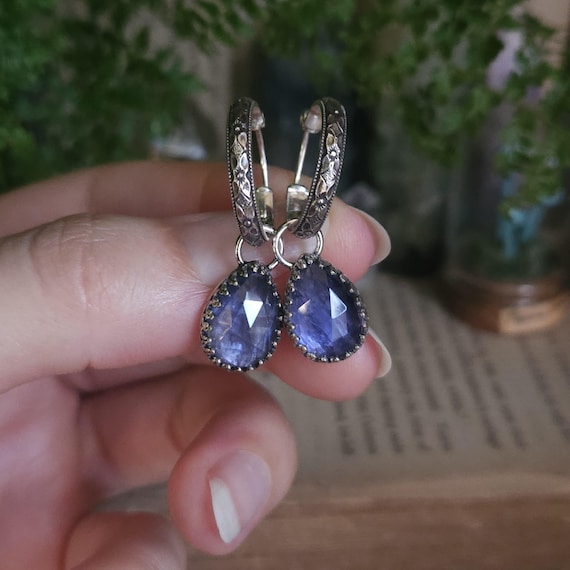 Iolite Charm Hoop Earrings | Sterling Silver | Artisan Handcrafted Jewelry |