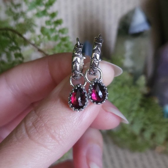 Garnet Charm Hoop Earrings | Sterling Silver | Fantasy Jewelry | Artisan Handcrafted |