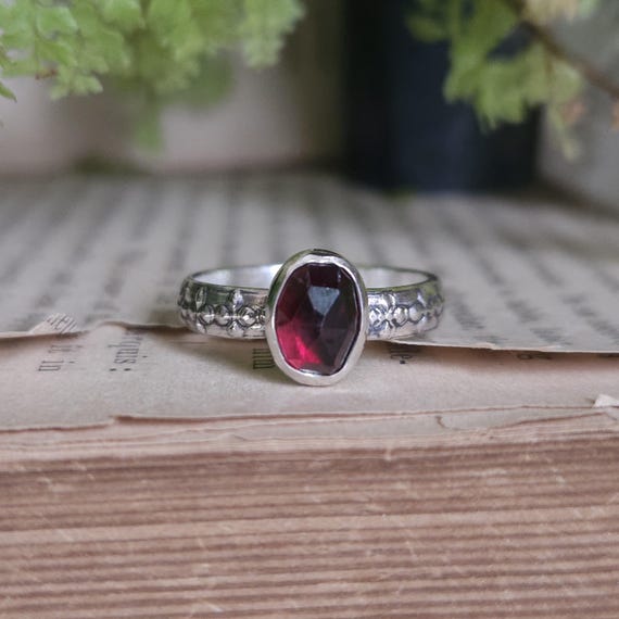 Garnet Ring | Size 6 | Sterling Silver | Fantasy Jewelry | Gemstone Stacker Band | Artisan Handcrafted | Witchy Fairy Ring |