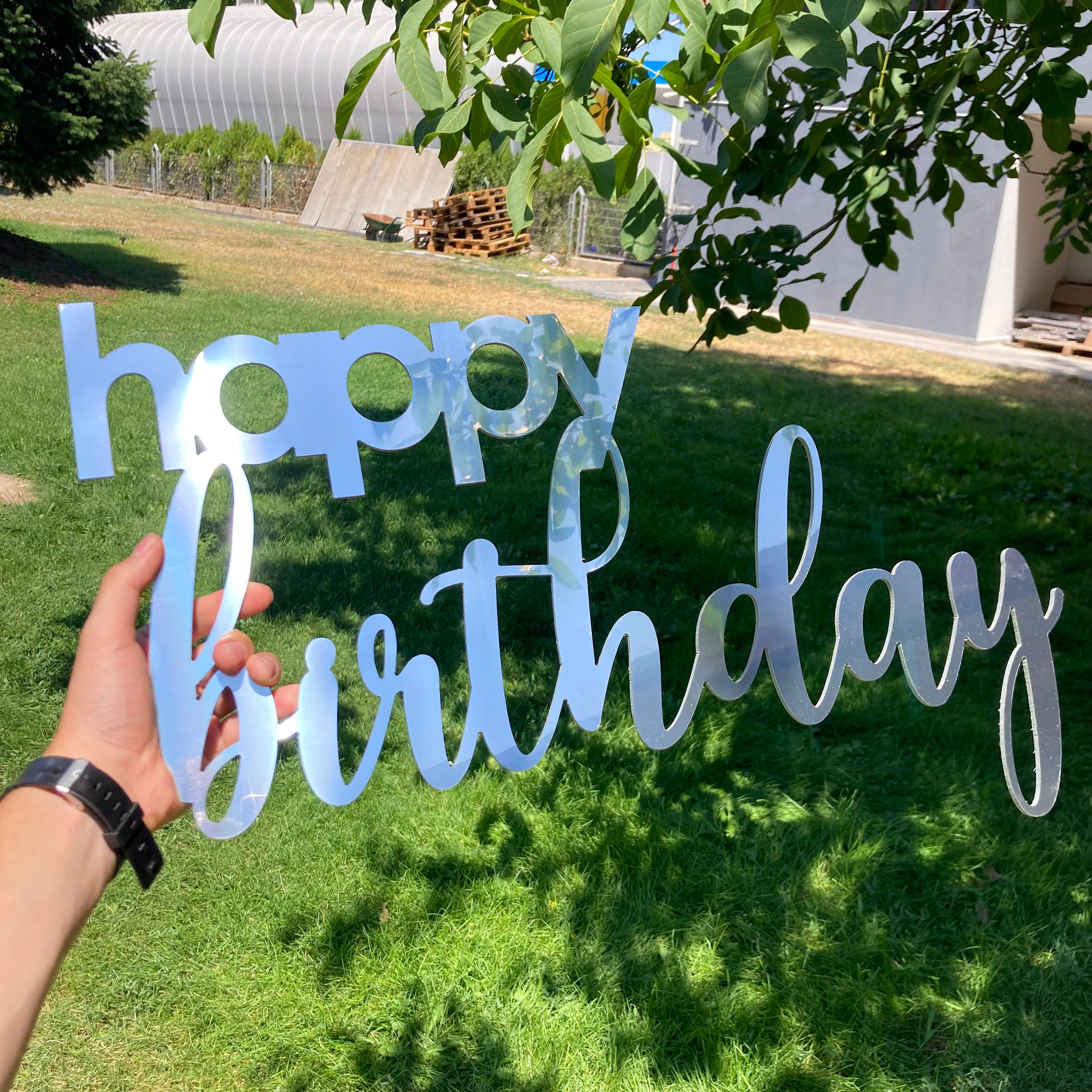 Happy Birthday Acrylic Gold And Silver Mirror Sign Shiny Gold &amp; Silver Acrylic Happy Birthday Name Tag Celebrate In Style! PT54054
