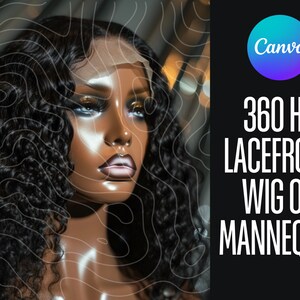 Könnte beinhalten: Eine 360 HD Lacefront-Perücke auf einem Mannequin-Kopf. Die Perücke ist schwarz und hat eine lockige Textur. Das Mannequin hat braune Haut.