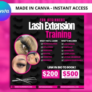 May include: Black and white graphic with pink accents advertising lash extension training. The graphic features a close-up of an eye with lash extensions, a checklist of what you'll learn and what's included, and the text "Lash Extension Training".