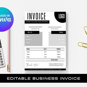Könnte beinhalten: Schwarze und weiße druckbare Rechnungsvorlage mit dem Text "INVOICE" und "THANK YOU FOR YOUR SUPPORT!" oben. Die Vorlage enthält Abschnitte für Rechnungsnummer, Rechnungsempfänger, Fälligkeitstermin, Absender, Artikel, Menge, Preis, Gesamtbetrag und zusätzliche Notizen. Die Vorlage enthält auch einen Platz für ein Logo.
