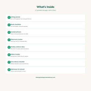 May include: A digital document titled What's Inside with 17 printable A4 pages. It lists eight sections: Getting started, Needs checklists, Example phrases, Statements tracker, Weekly evidence diary, Pattern tracker, Full evidence checklist, and Submission & renewal.