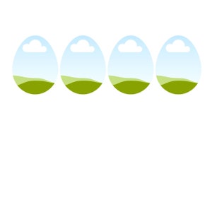 May include: Four pastel blue Easter eggs with a white cloud and green grass landscape design.